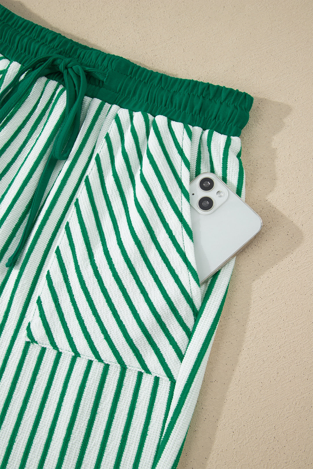 Green Stripe Crew Neck Tee Drawstring Waist Cropped Pants Set