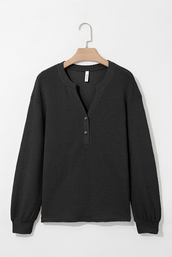 Black Button Notched Neck Waffle Knit Long Sleeve Top