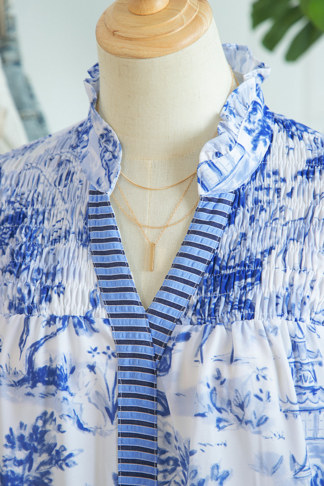 Blue Wild Animal Paradise Striped Detail V Neck Blouse