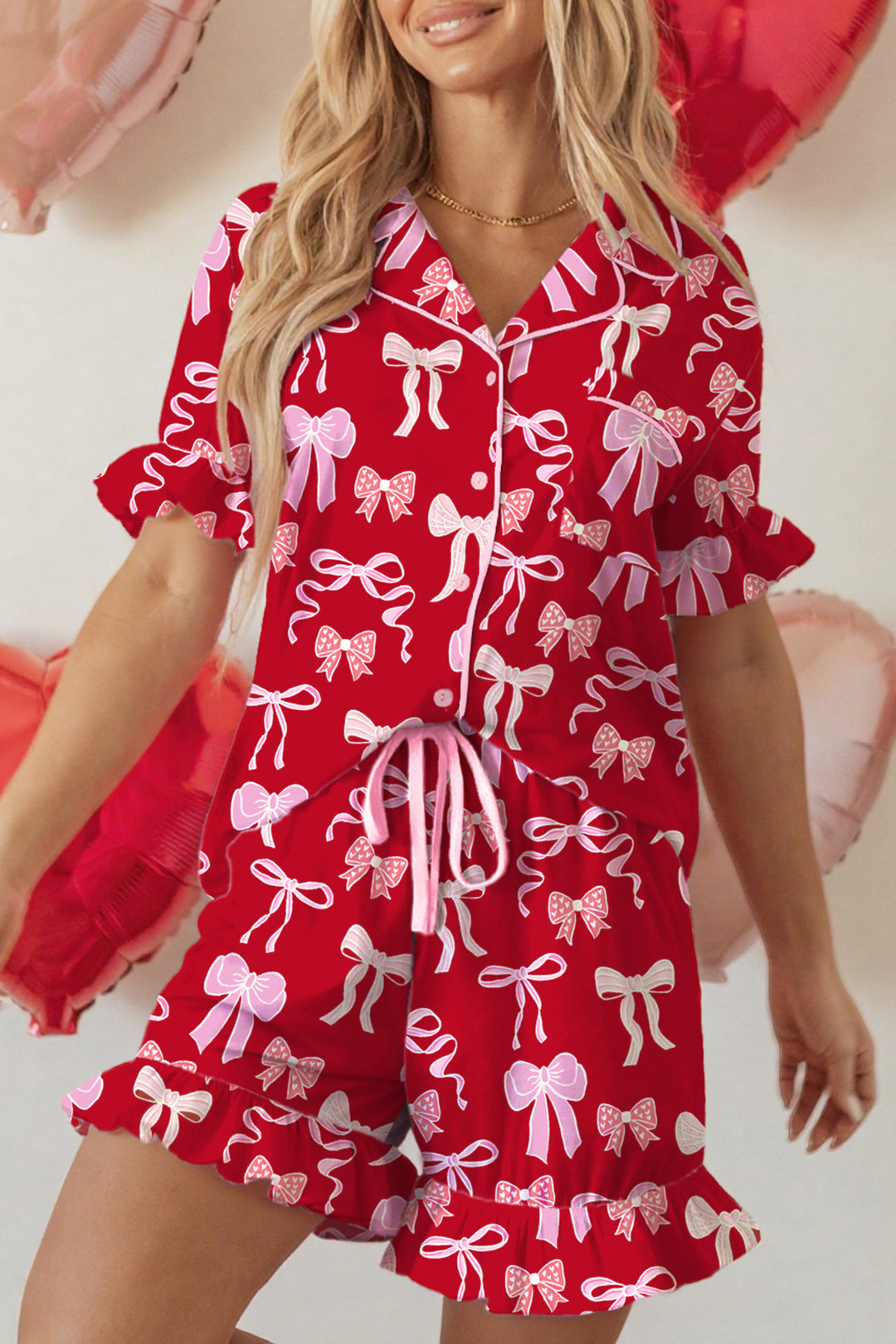 Red Sweet Bow Print Ruffled Short Sleeve Shirt Shorts 2pcs Pajama Set
