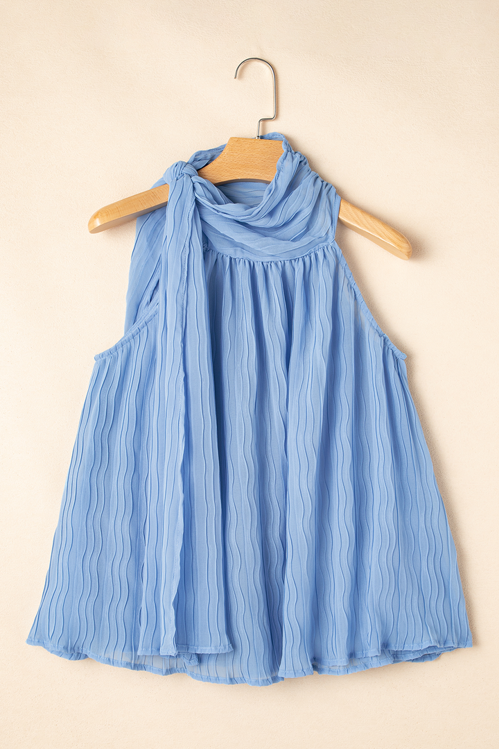 textured pleated tied mock neck flowy tank top