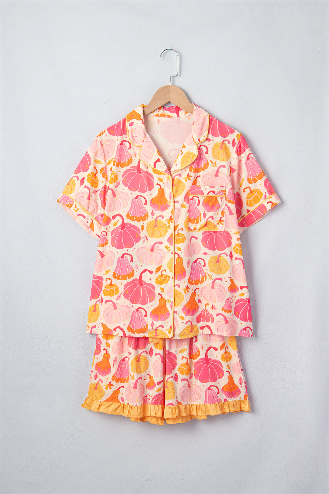 Pink Short Sleeve Pumpkin Print Pocket Placket Shell Button Lounge Set