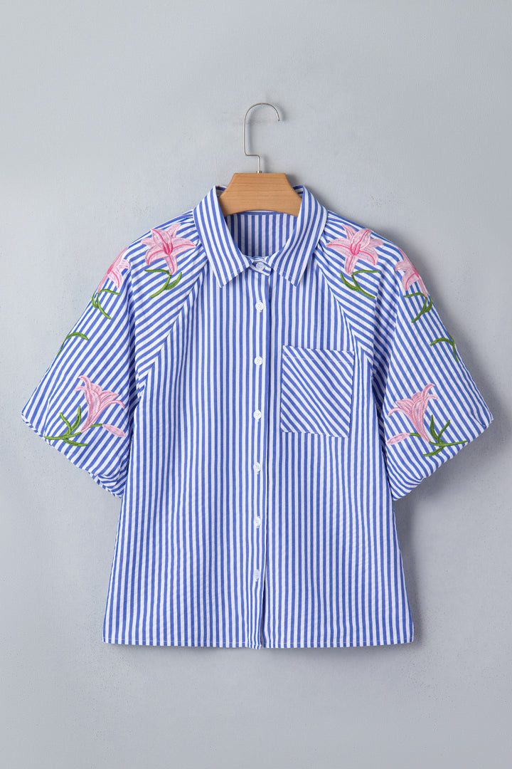 Sky Blue Stripe Lily Floral Embroidered Puff Sleeve Button Down Shirt