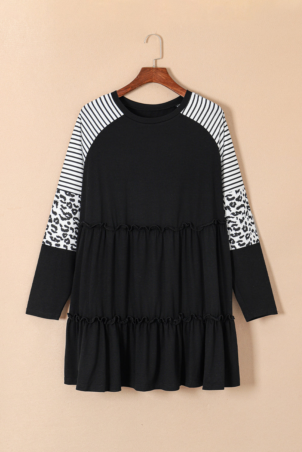 Plus Size Striped Leopard Patch Sleeve Ruffle Tiered Dress