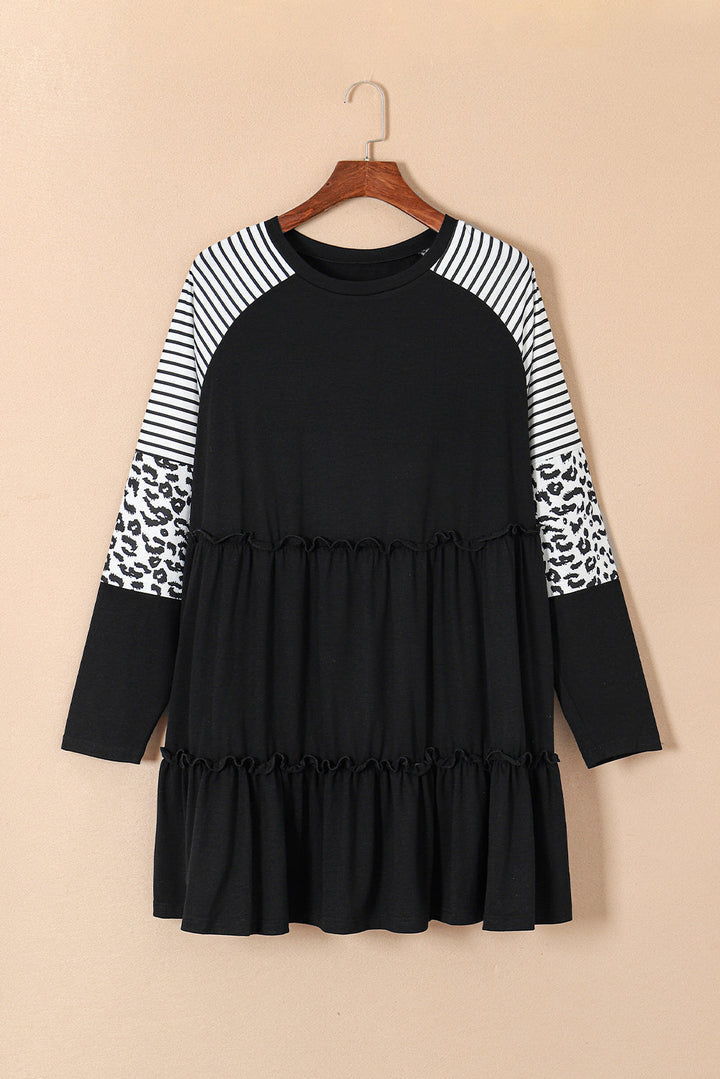 Plus Size Striped Leopard Patch Sleeve Ruffle Tiered Dress