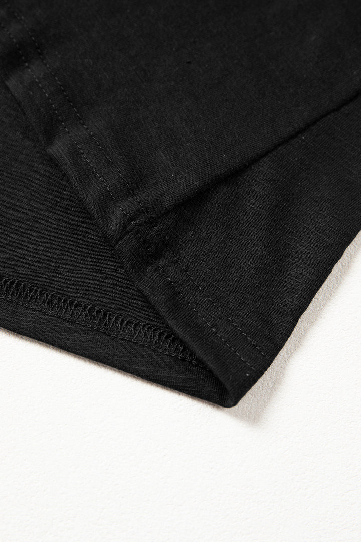 Black Cutout Embroidered Trim V Neck Cap Sleeve Tee