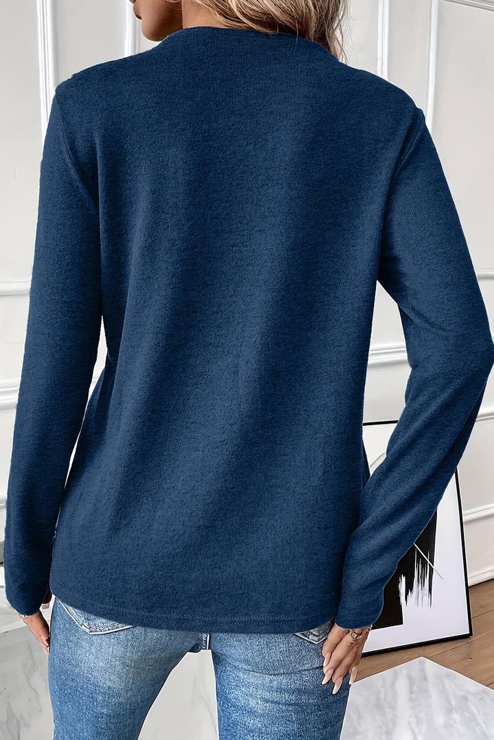 Navy Blue Solid Exposed Seam Crew Neck Long Sleeve Top