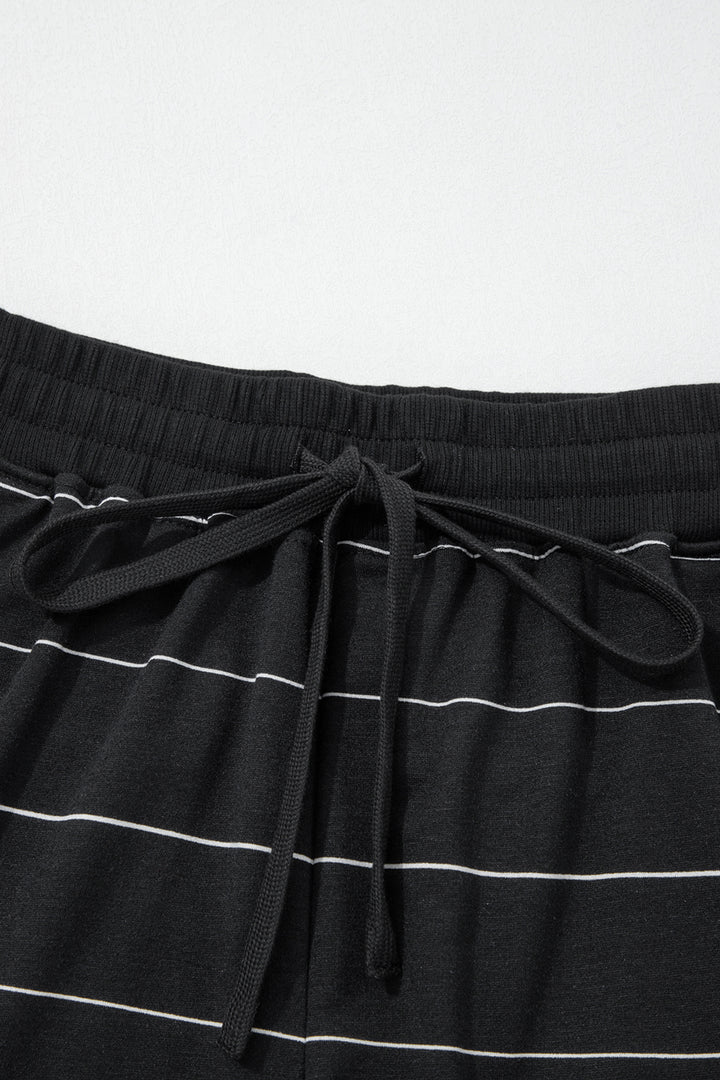 Black Stripe Half Sleeve Tee Drawstring Shorts 2pcs Set