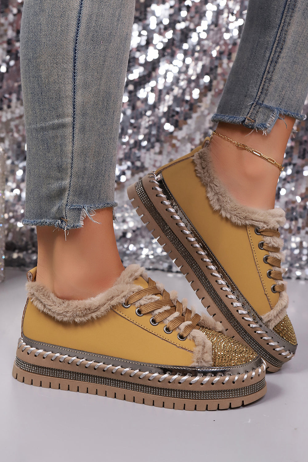Rhinestone Embellished Faux Fur Lining Lace-Up Flat Shoes