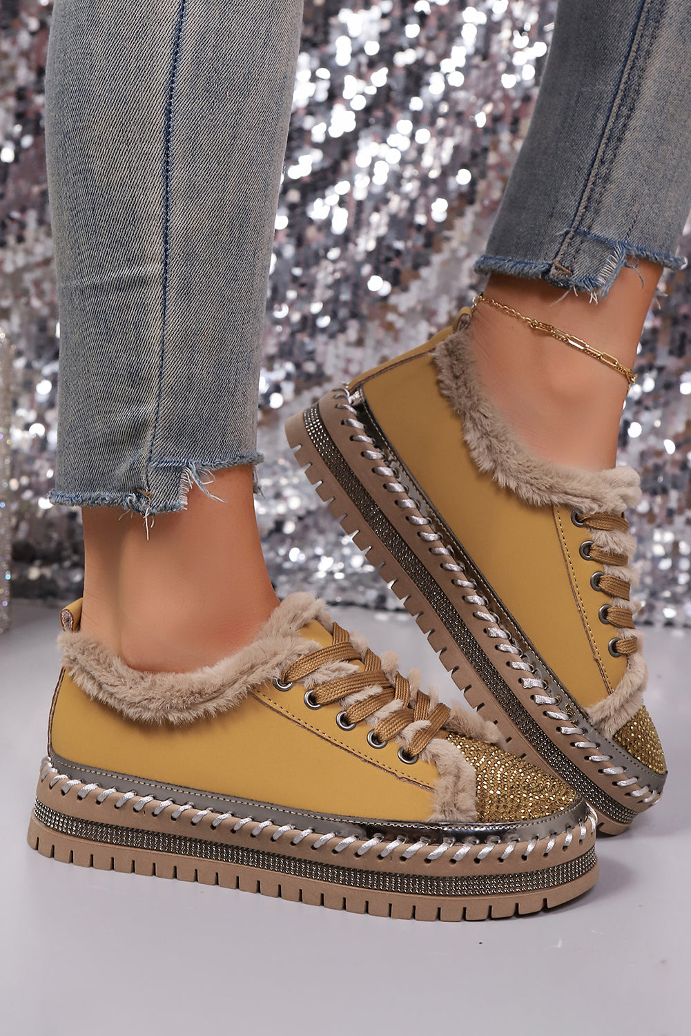 Rhinestone Embellished Faux Fur Lining Lace-Up Flat Shoes