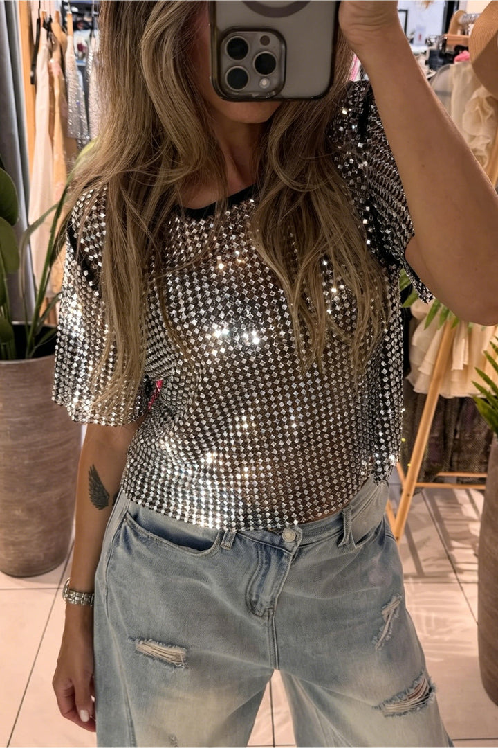 Color black Rhinestone Mesh Round Neck Raw Hem T Shirt