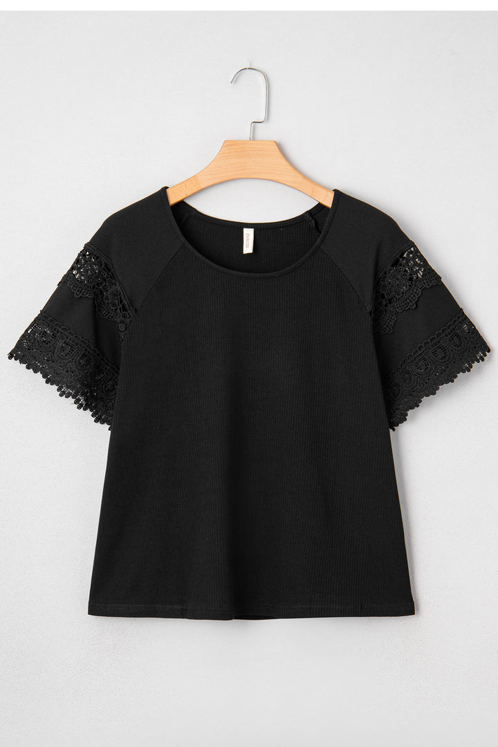Black Ribbed Lace Patchwork Short Sleeve Top