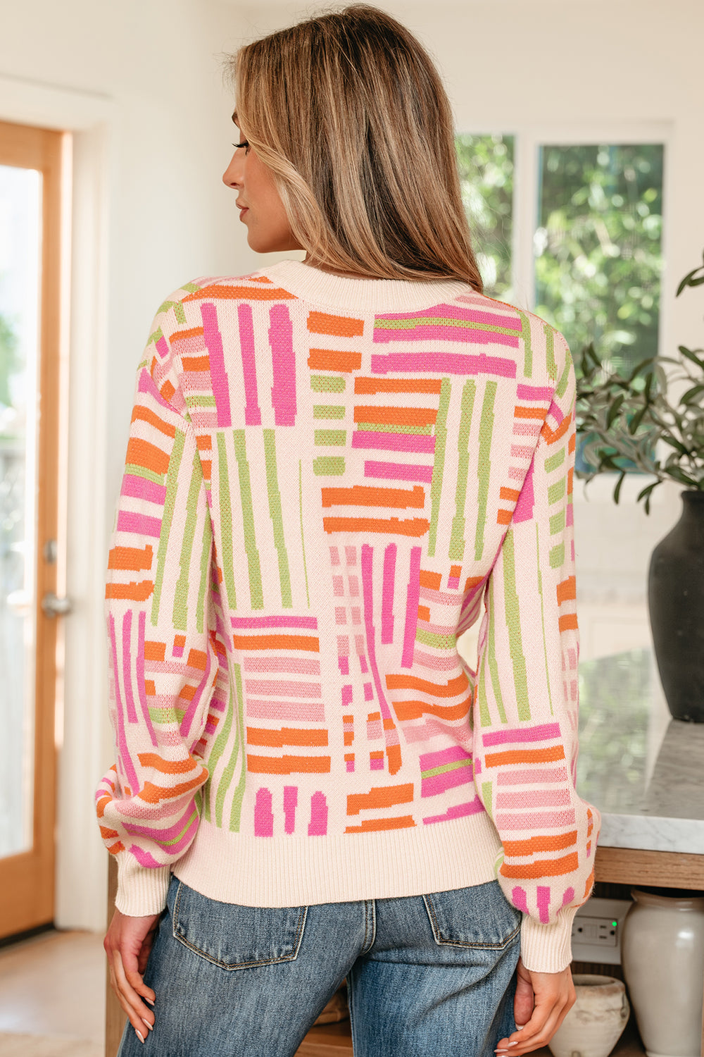Love Lines Pattern Crew Neck Puff Sleeve Sweater