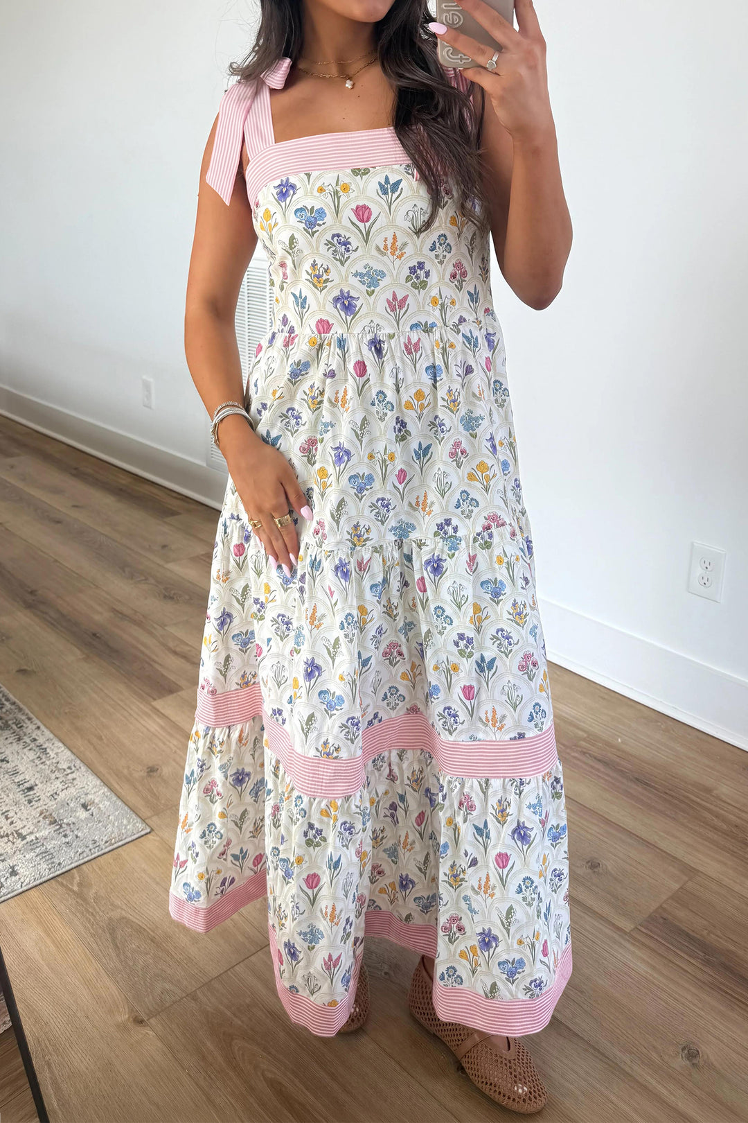 Chic Multicolour Floral Print Striped Detail Knot Straps Maxi Dress