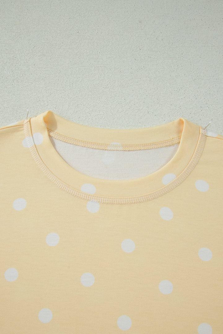 Yellow Polka Dot Short Sleeve Loose Top Drawstring Shorts Set