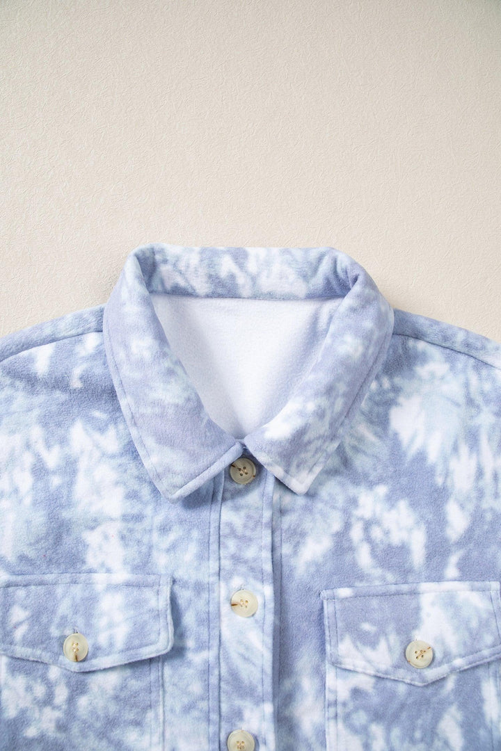 Gray Abstract Print Fuzzy Collar Long Sleeve Patch Pocket Tunic Jacket