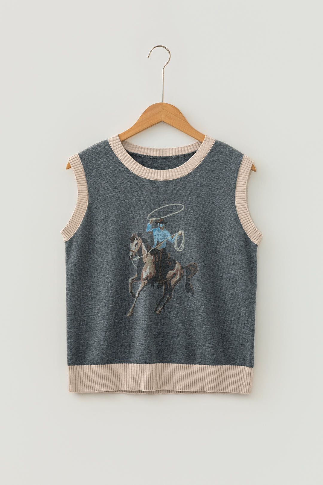 Gray Western Print Colorblock Trim Knitwear Vest