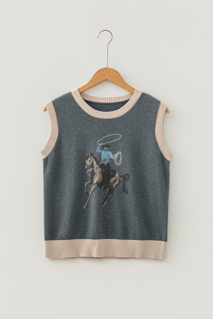 Gray Western Print Colorblock Trim Knitwear Vest