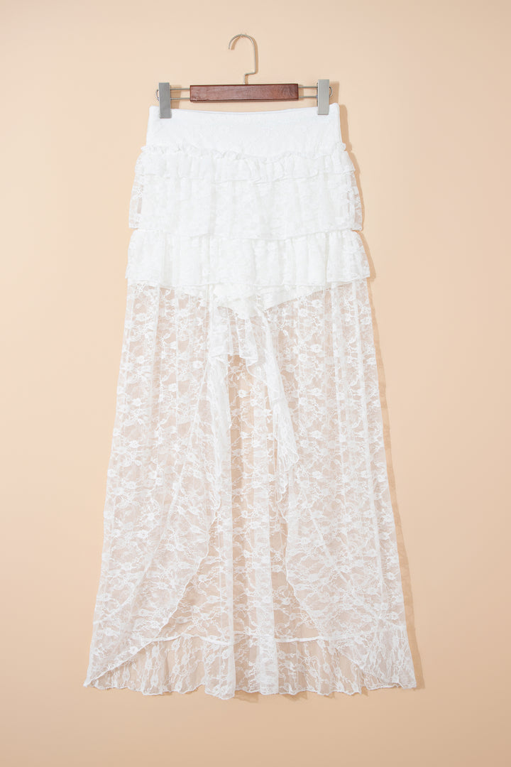 Chic White Sheer Lace Frilly Ruffles High Low Long Skirt