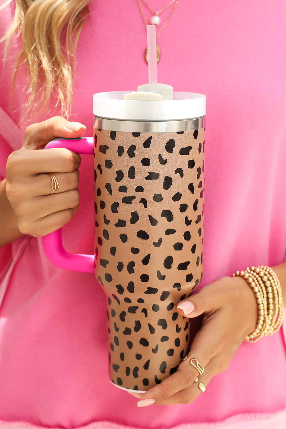 Tasse à anse avec paille imprimée léopard 40 oz