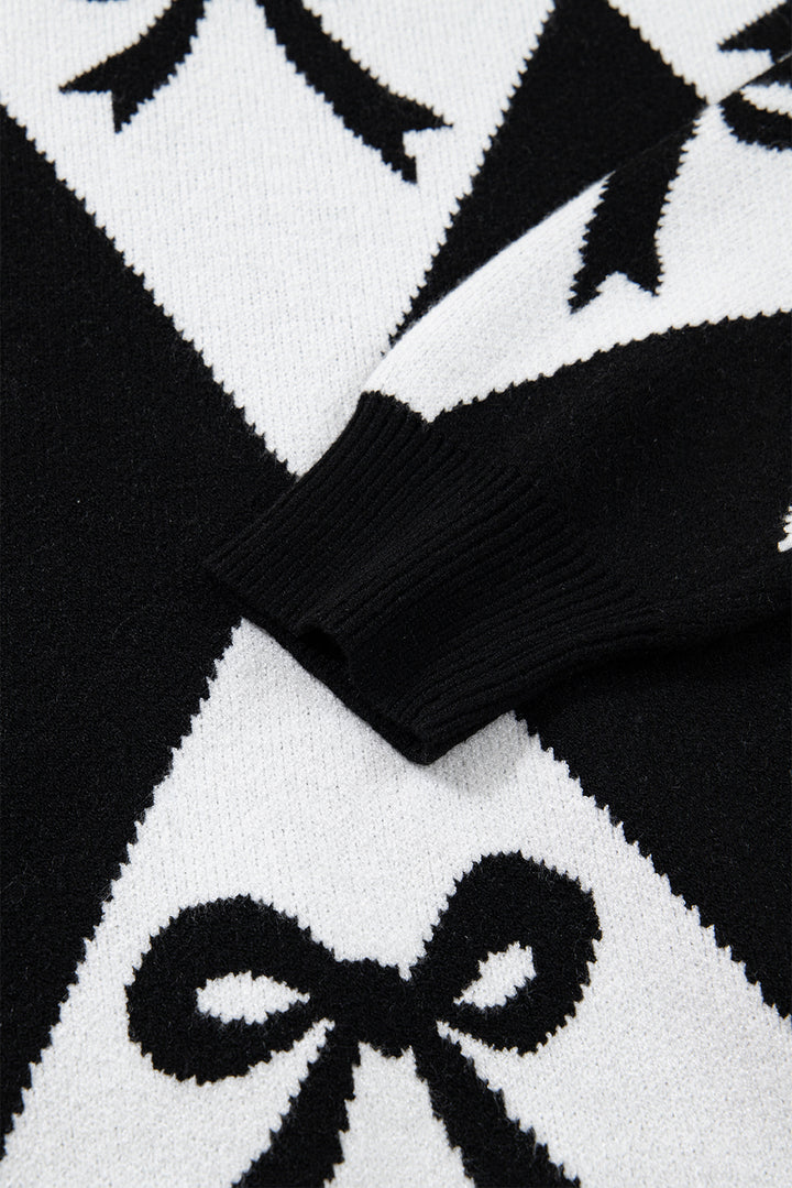 Bow Print 2-tone Rhombus Knit Loose Sweater
