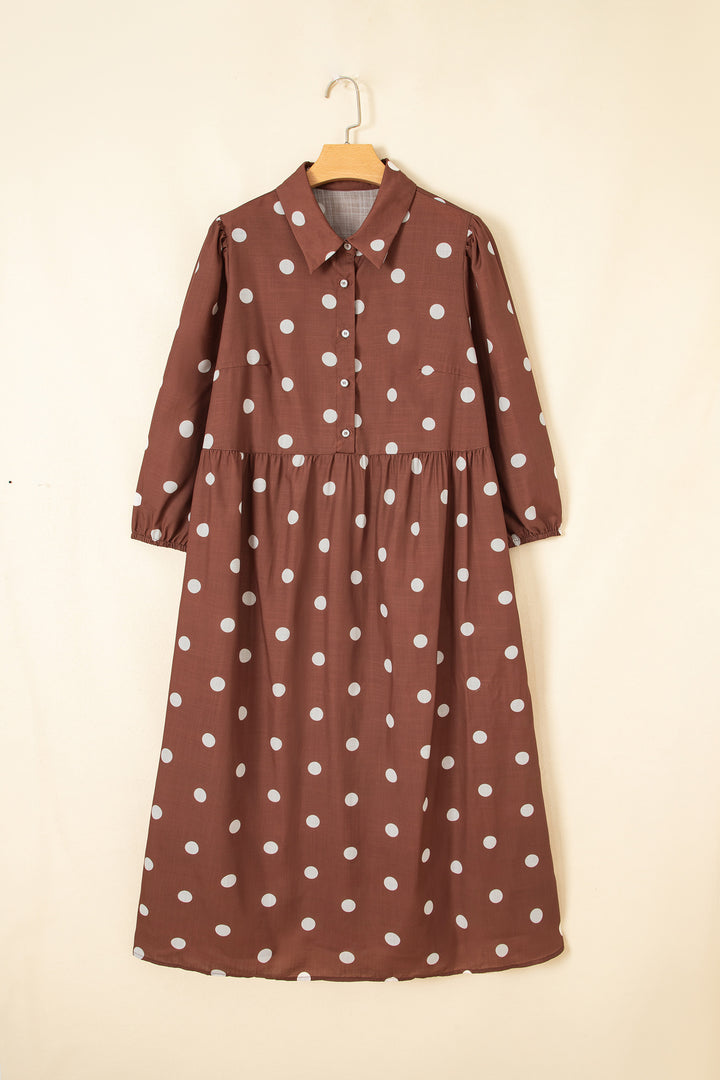 Brown Polka Dot Abdomen Pocket Gathered Cuffs Long Sleeve Shift Plus Size Dress