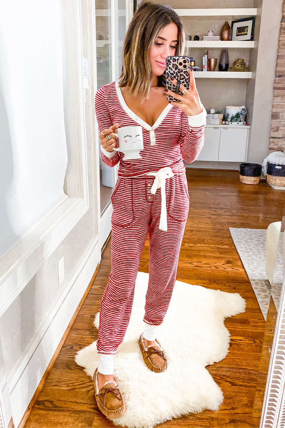 buttoned v neck top and knotted waist pants lounge set