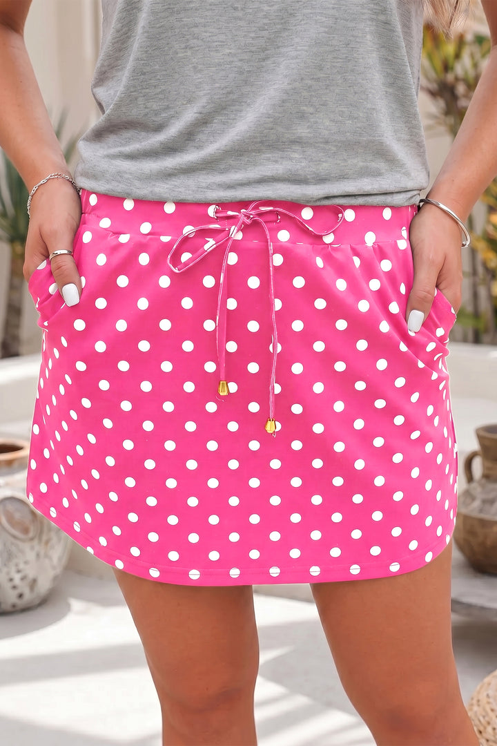 Cute Sachet Pink Polka Dot Drawstring Casual Mini Skort