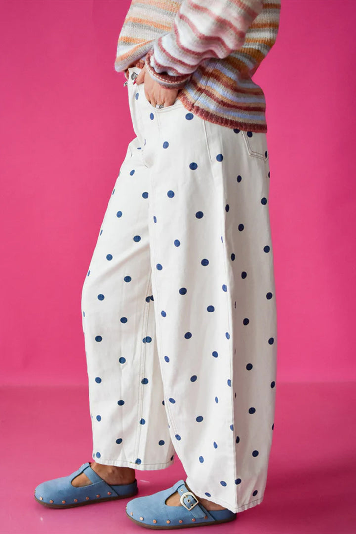 Blue Tailored Seam Polka Dot Print Barrel Casual Jeans