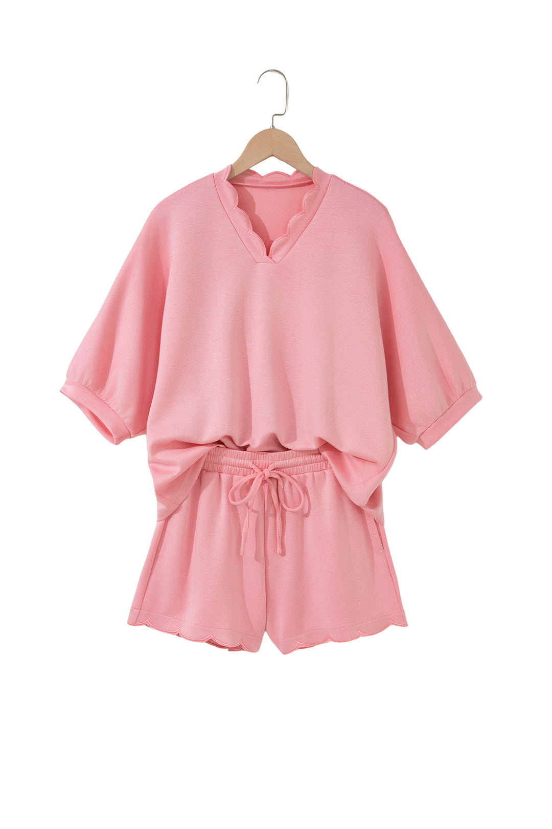 Gossamer Pink Scalloped V Neck Dolman Oversize Top Drawstring Short Set