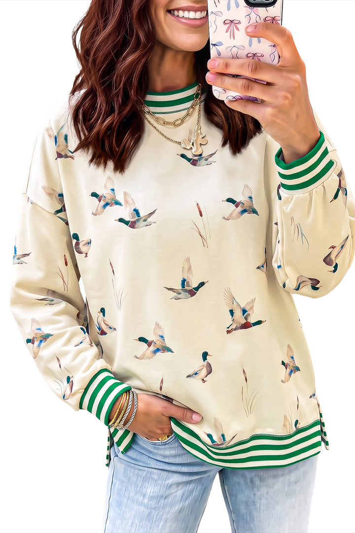 Beige Duck Print Striped Trim Cuffs Casual Sweatshirt