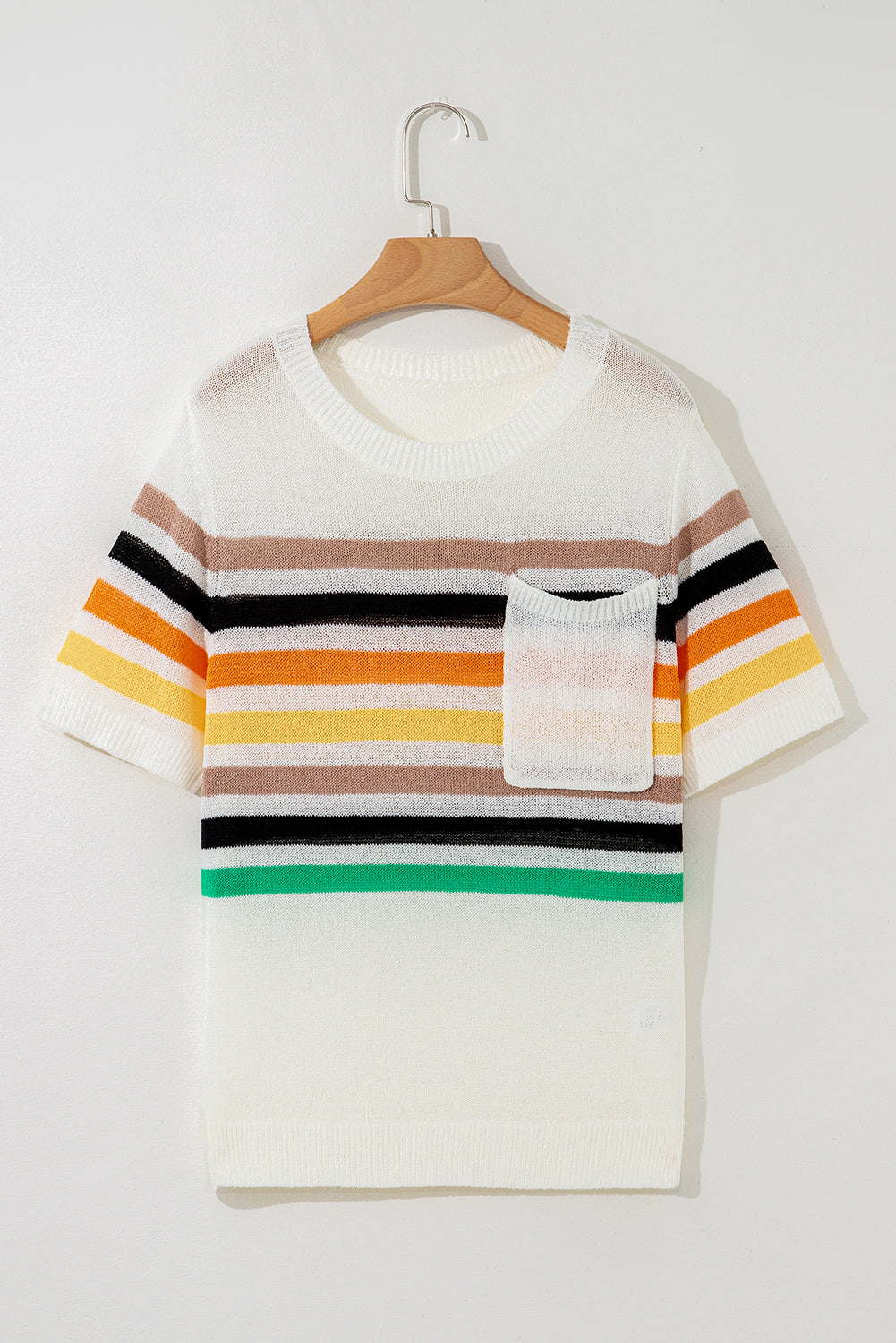 Striped Pocketed Loose Fit Crewneck Knitted T Shirt