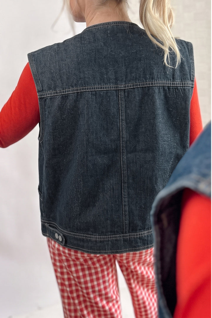 Navy Blue Vintage Denim Zipper Front Cowboy Vest