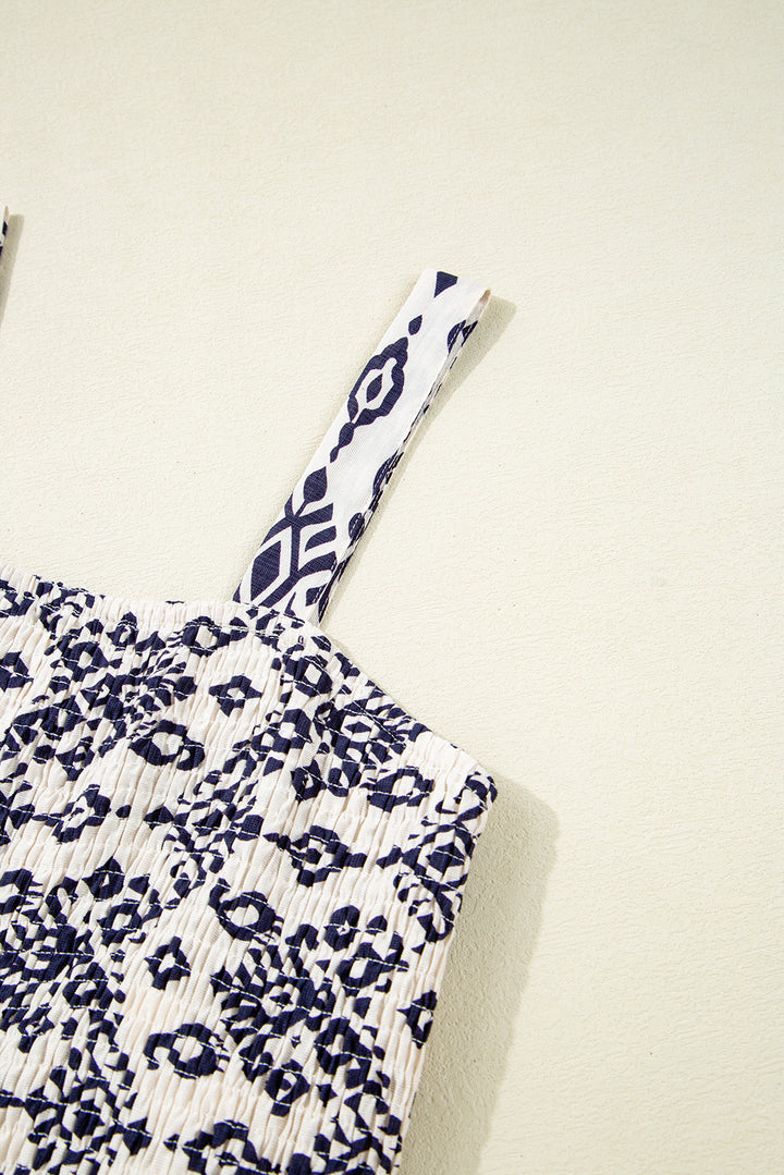Blue Boho Geometric Print Shirred High Waist Wide Leg Jumpsuit