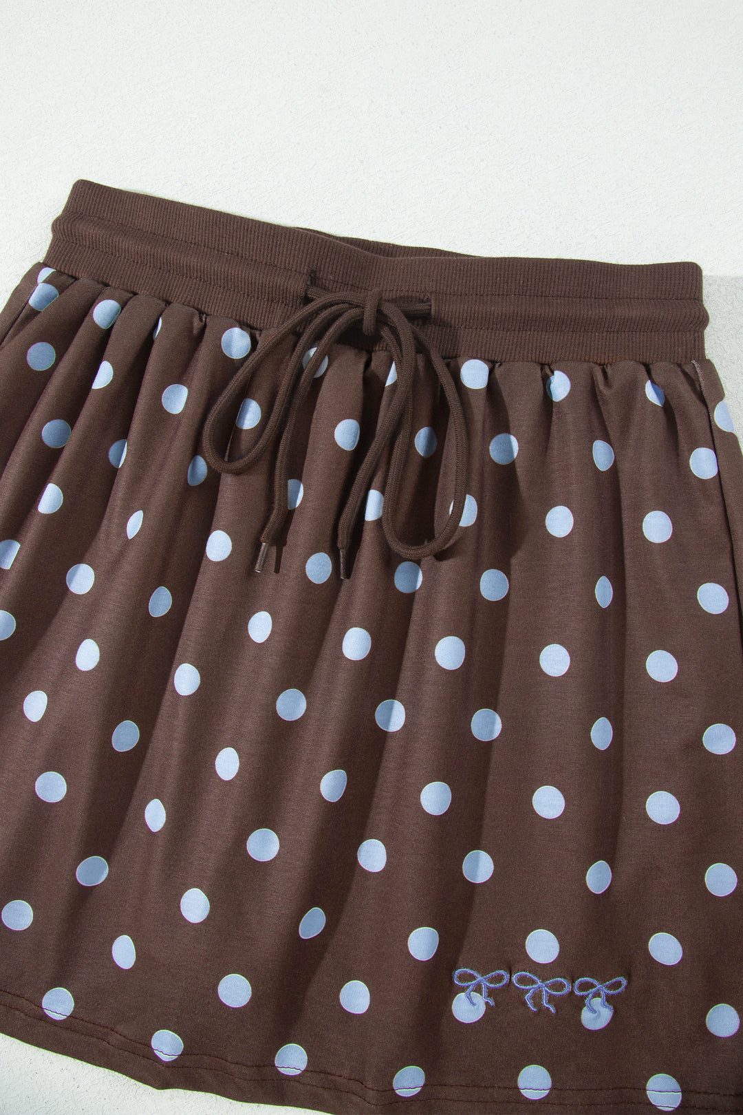 Brown Polka Dot Pullover Embroidered Bow Detail 2pcs Skort Set