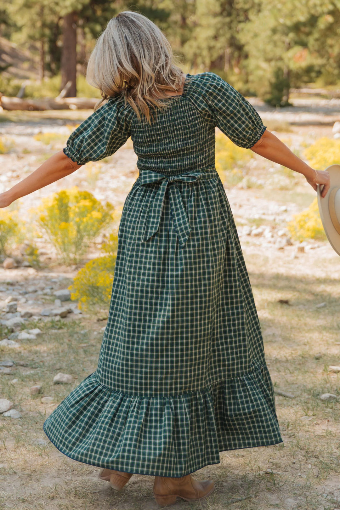 Green Plaid Square Neck Shirred High Waist Ruffle Hem Long Dress
