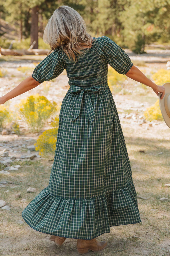 Green Plaid Square Neck Shirred High Waist Ruffle Hem Long Dress