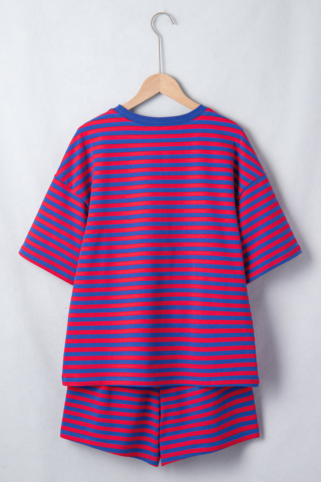 Navy Stripe Ribbed Cotton Two-Piece Short Set with Chest Patch Detail