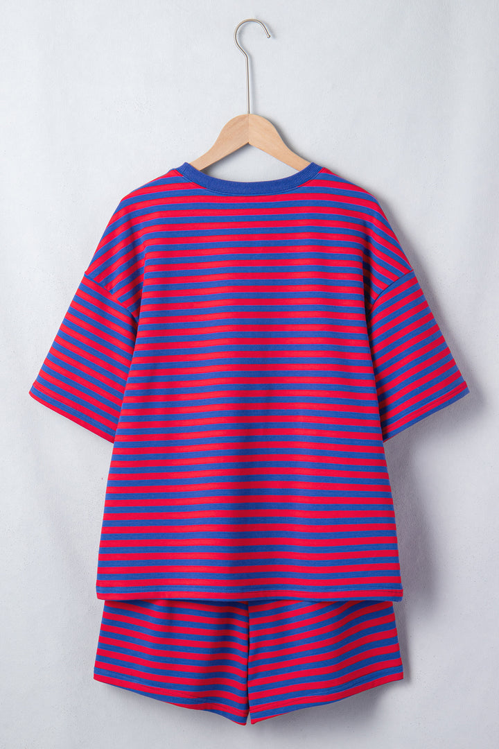 Navy Stripe Ribbed Cotton Two-Piece Short Set with Chest Patch Detail