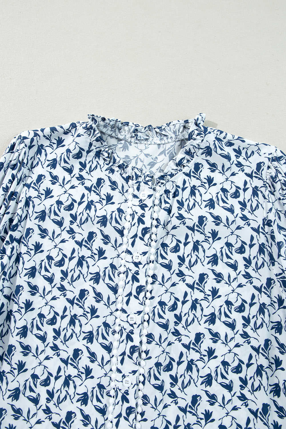 Blue Printed Lace Detail Floral Puff Sleeve Fall Shirt