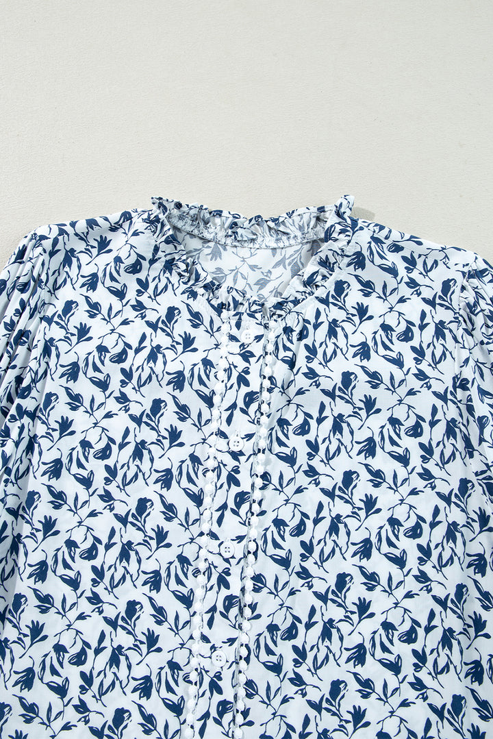 Blue Printed Lace Detail Floral Puff Sleeve Fall Shirt