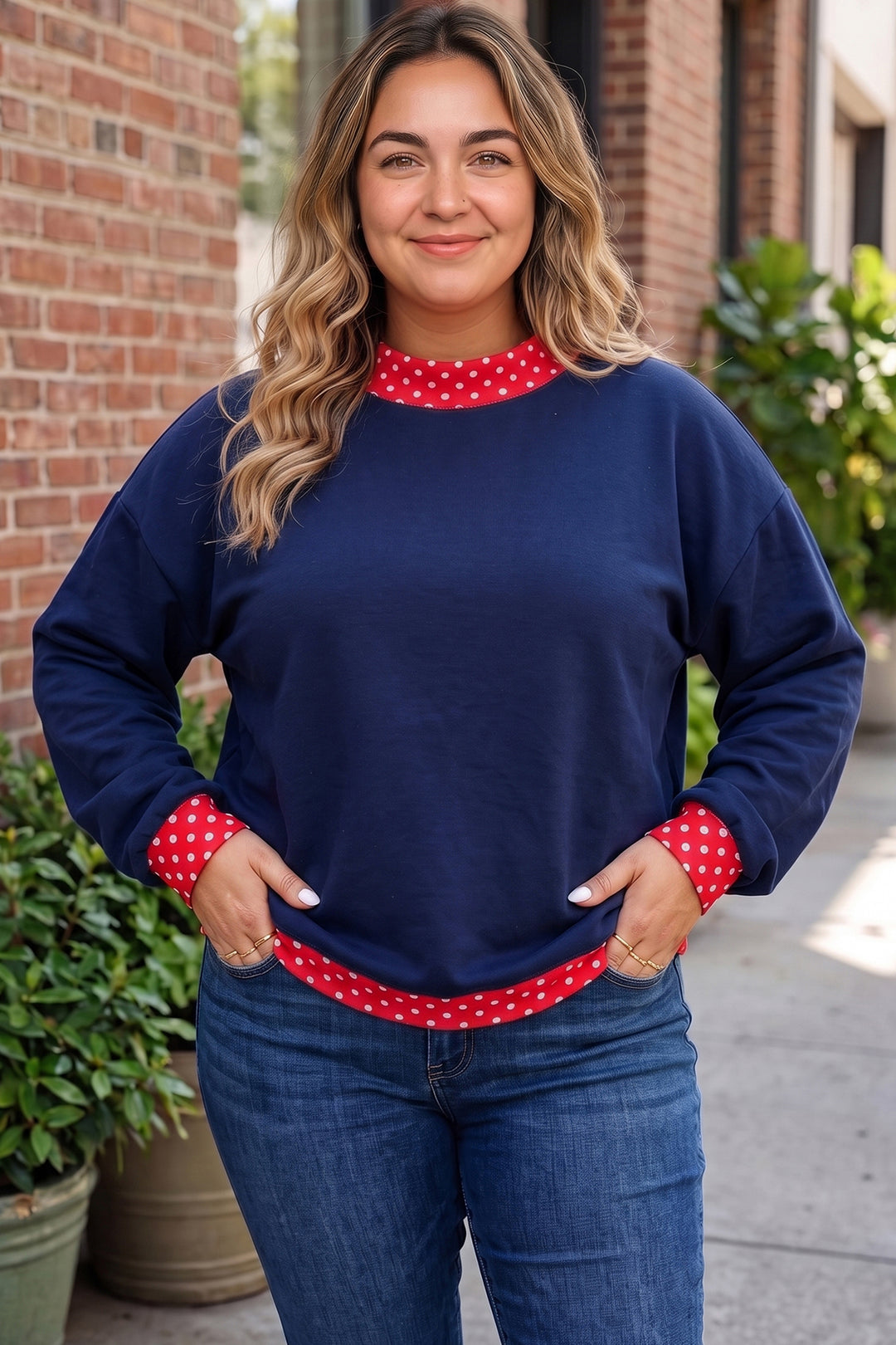 Dirty blue Polka Dot Patchwork Plus Size Sweatshirt