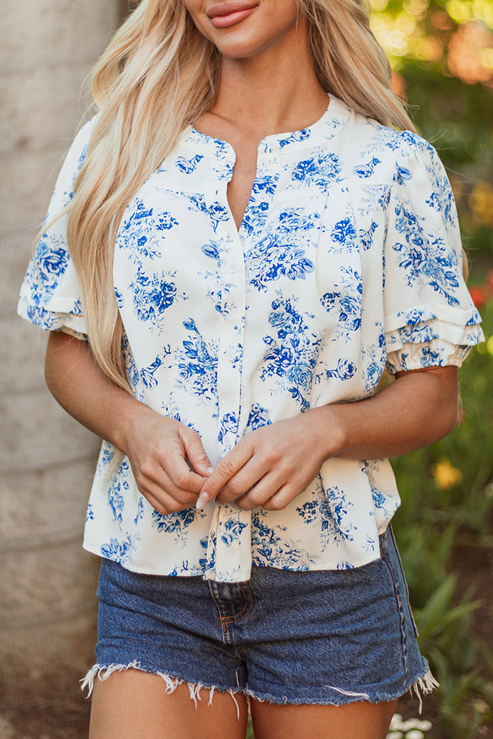 floral tiered puff short sleeve pleated bust buttoned casual shirt
