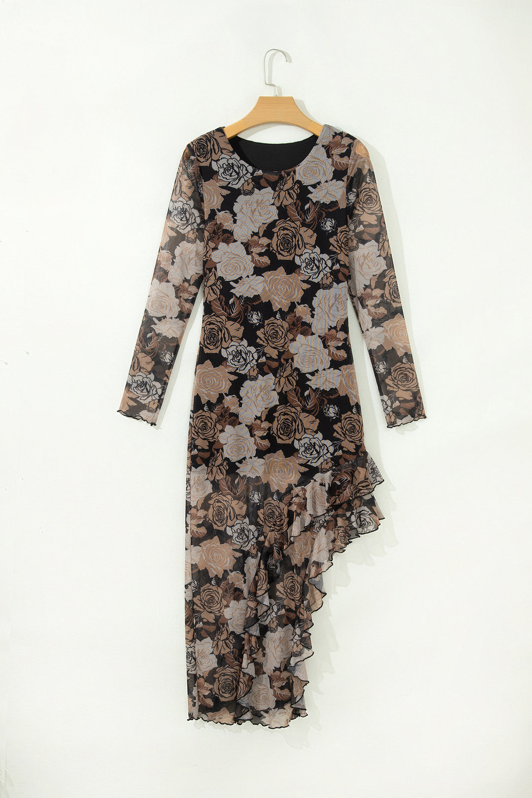 Chic Black Floral Long Sleeve Asymmetric Ruffle Split Hem Mesh Dress