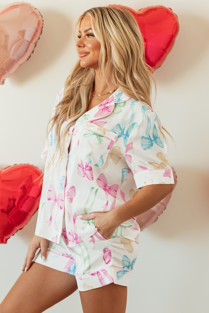 bowknot print buttoned shirt high waist shorts pajama set