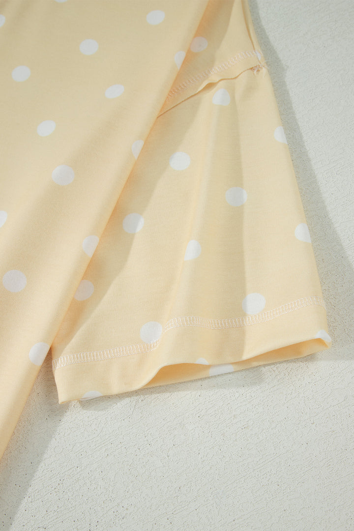 Yellow Polka Dot Short Sleeve Loose Top Drawstring Shorts Set