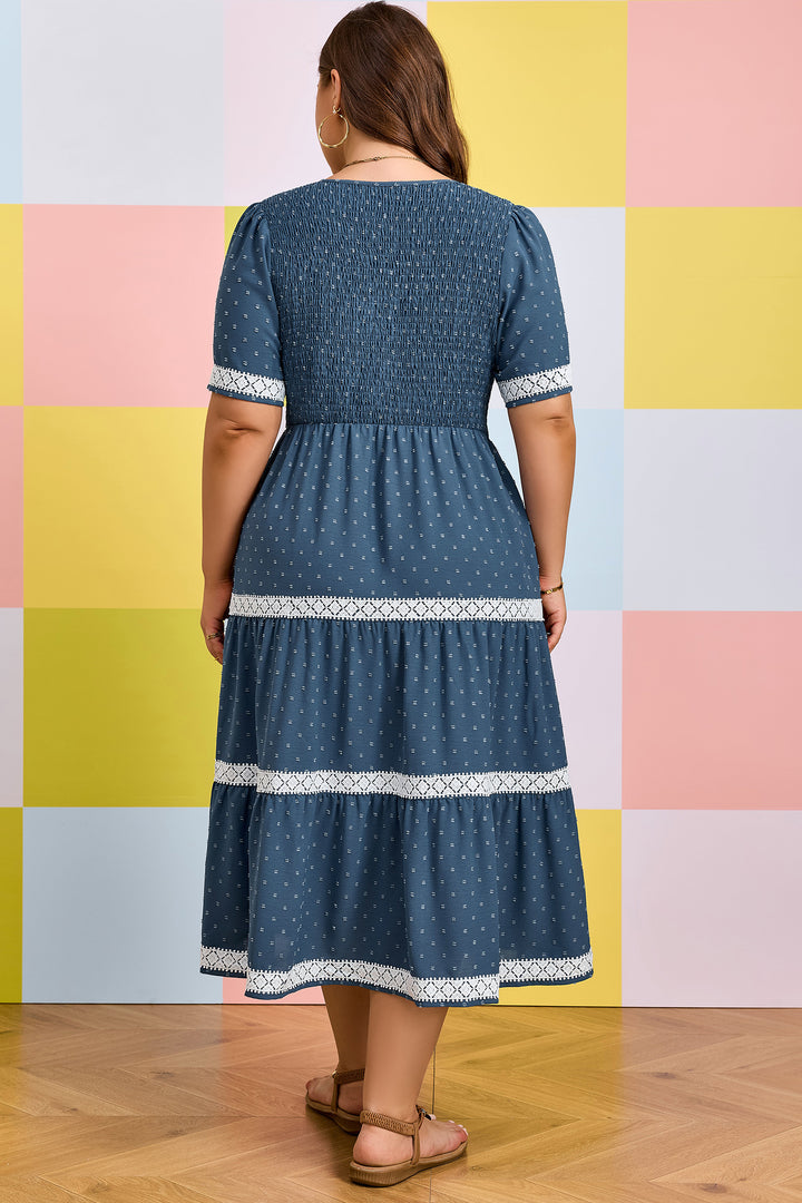 Dusk Blue Plus Size V Neck Swiss Dot Lace Flared Midi Dress