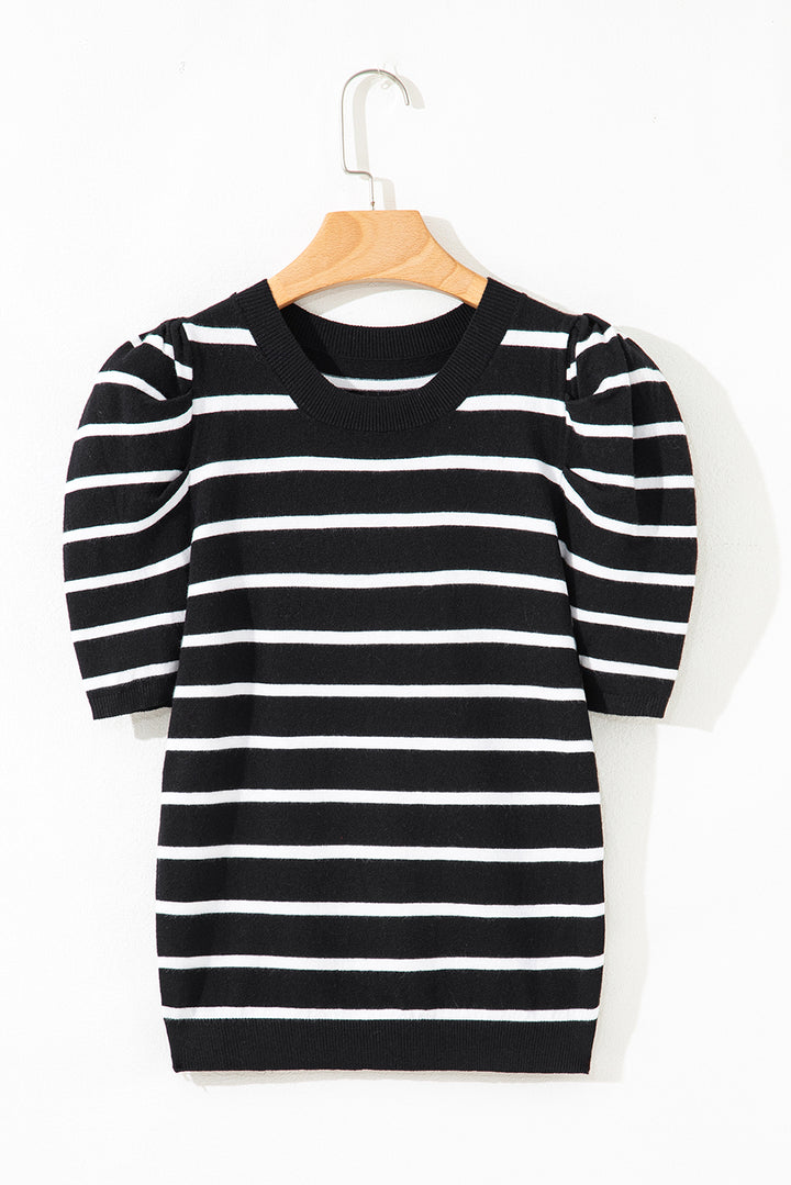Ribbed Trim Round Neck Bubble Sleeve Knitted Top