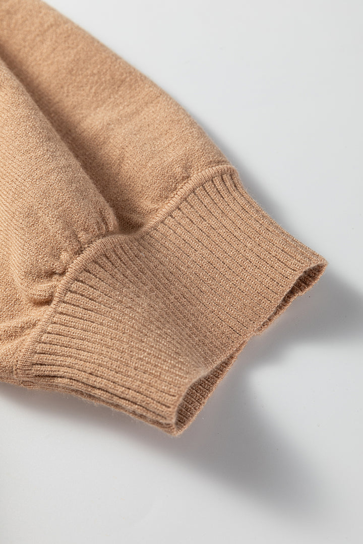 Light French Beige Solid Color Knit Short Puff Sleeve Sweater