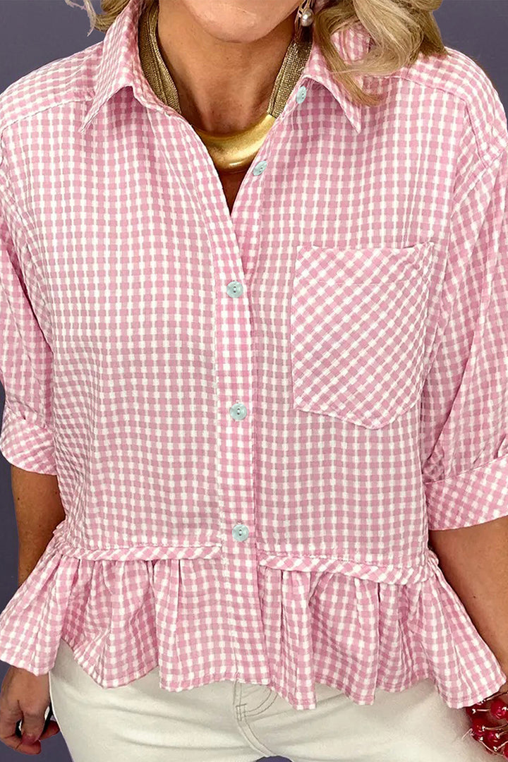 Pink Plaid Half Sleeve Ruffle Hem Button Down Shirt